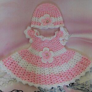 Crochet Baby Dress Handmade, Fits 0-3 Month, Baby Shower Gift, Pink Flower Dress